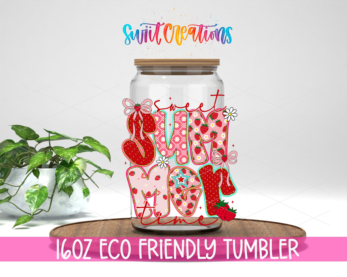 Sweet Summer Time design on a 16 oz clear glass tumbler with bamboo lid