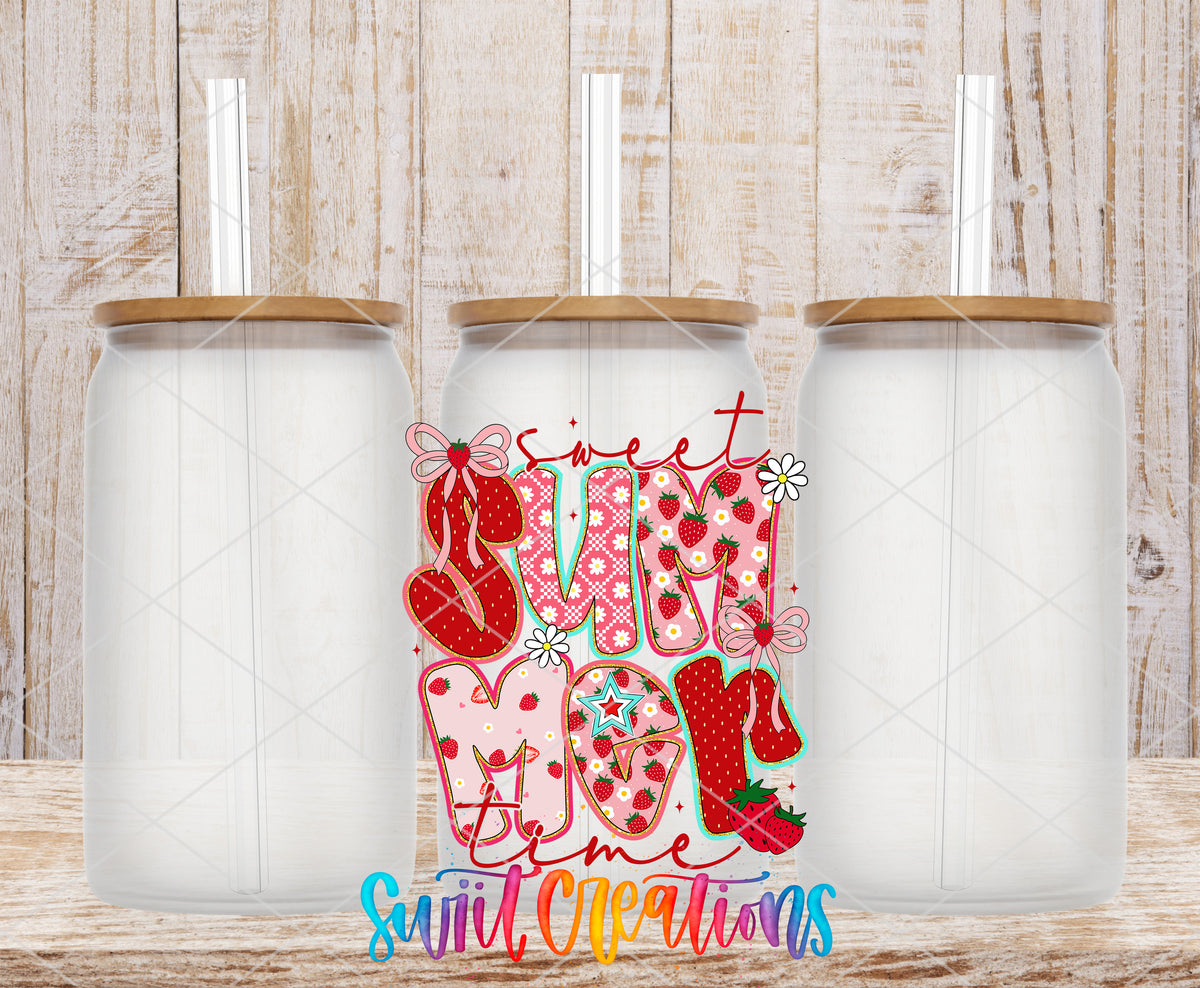 Sweet Summer Time frosted glass tumbler mockup with bamboo lids and straws
