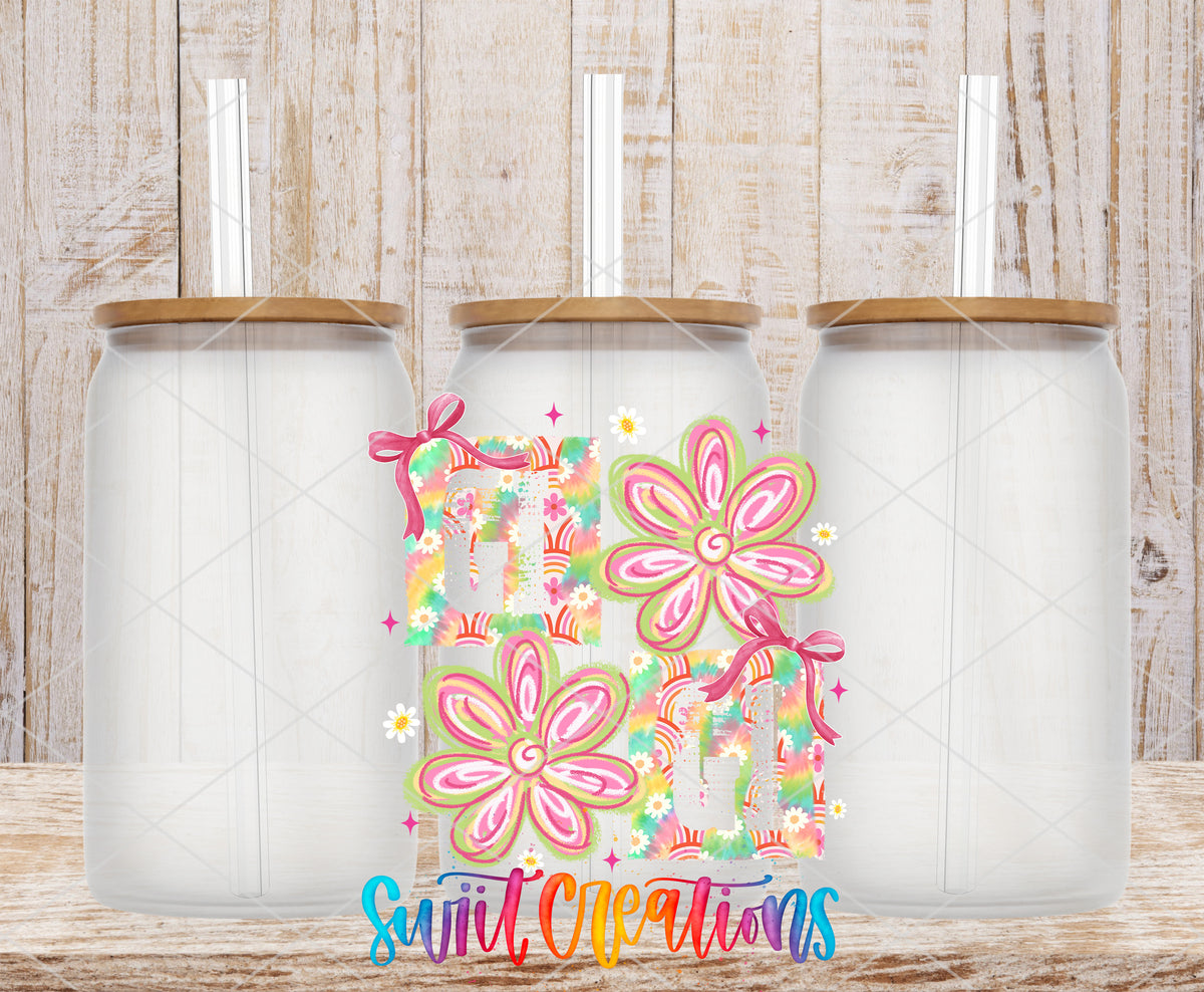 Gigi Floral frosted glass tumbler mockup with bamboo lids and straws