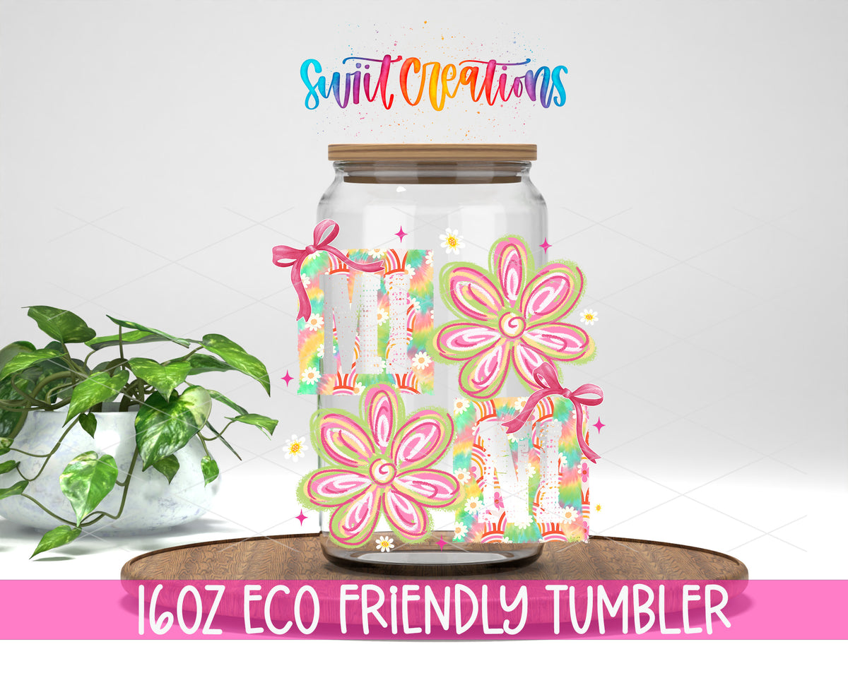 Mini Floral design on a 16 oz clear glass tumbler with bamboo lid