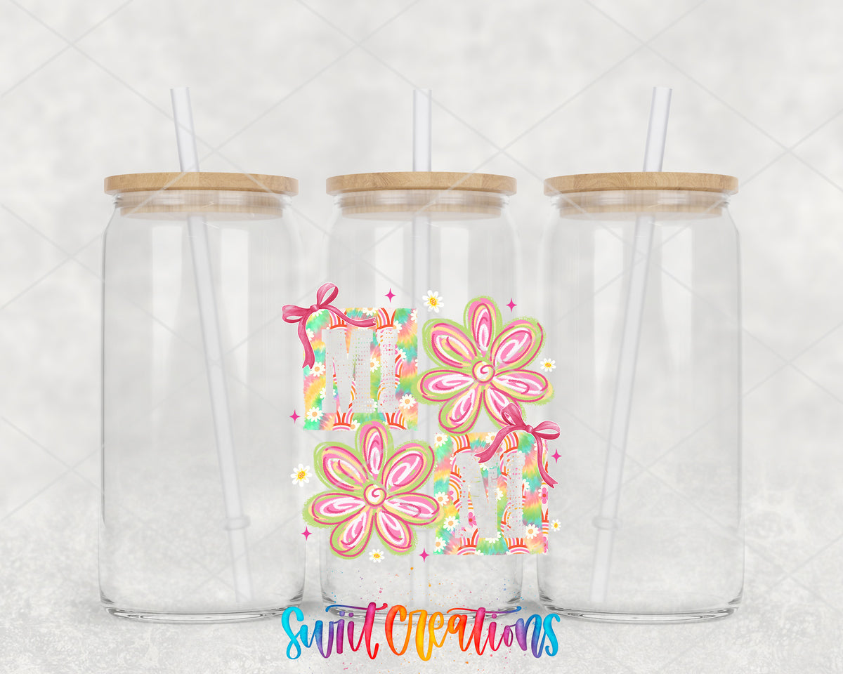 Mini Floral clear glass tumbler group mockup with bamboo lids and straws