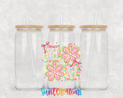 Mini Floral clear glass tumbler group mockup with bamboo lids and straws