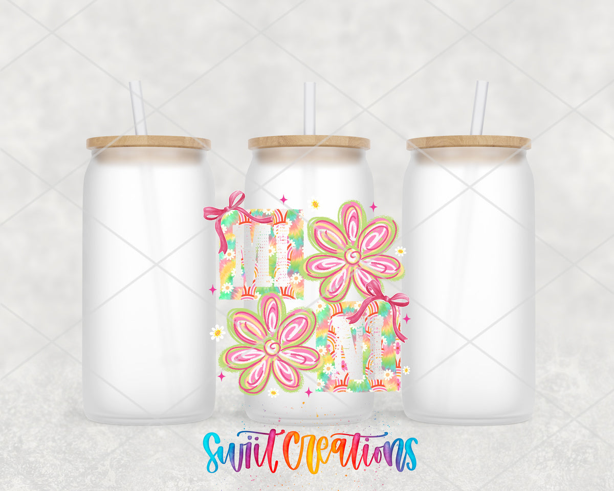 Mini Floral frosted glass tumbler group view with lids and straws