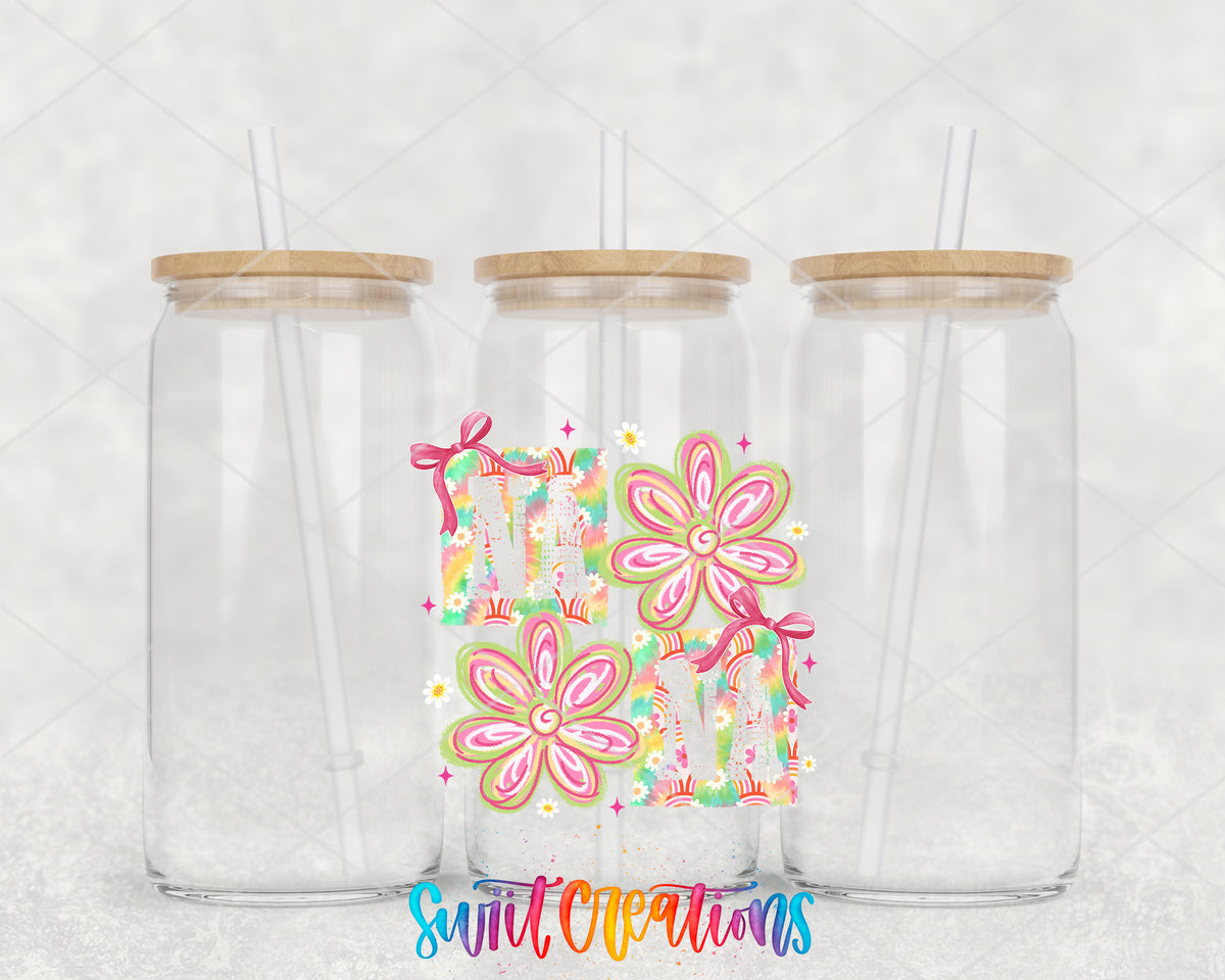 Nana Floral clear glass tumbler group mockup with bamboo lids and straws