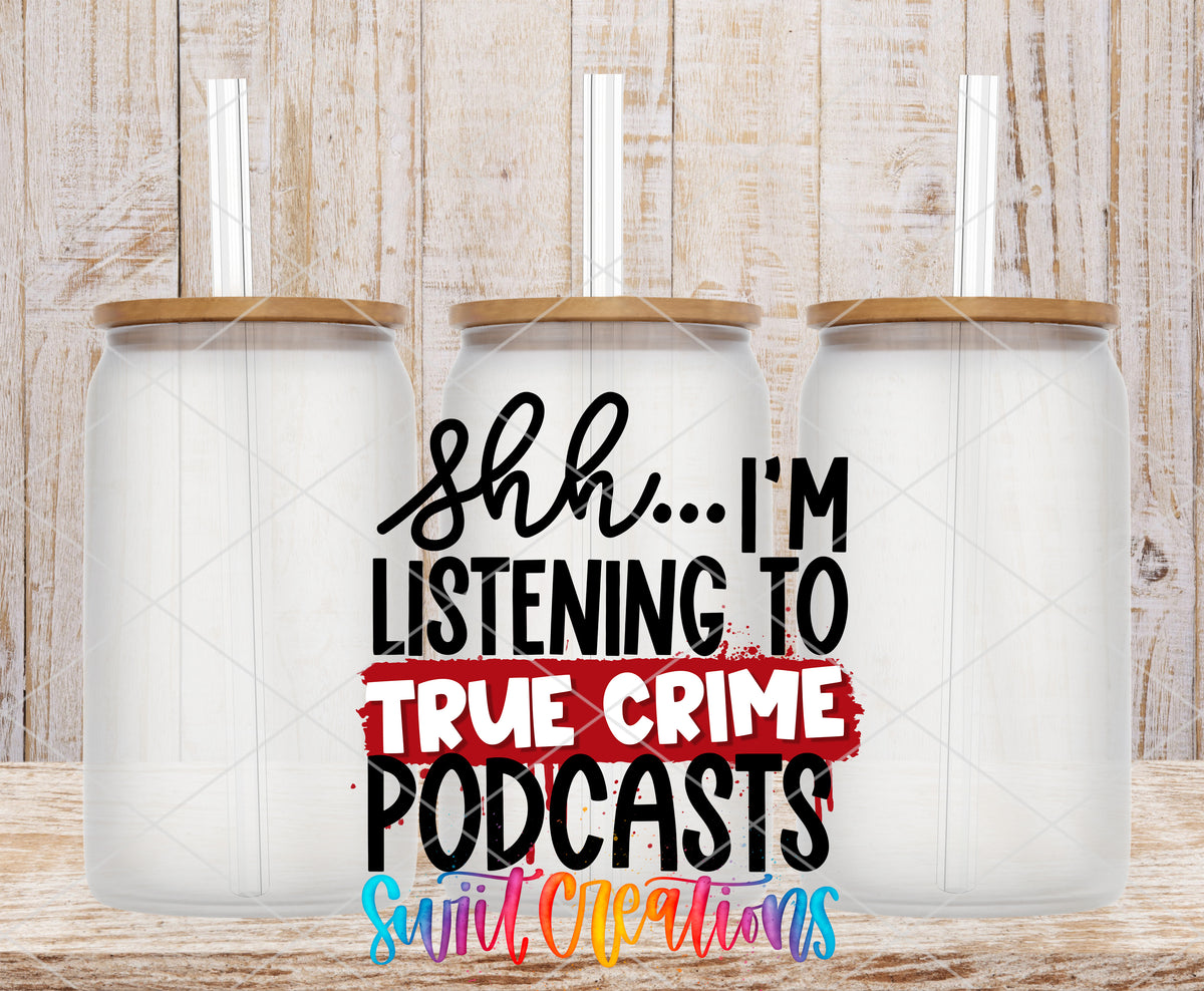 True Crime Podcasts frosted glass tumbler mockup with bamboo lids and straws
