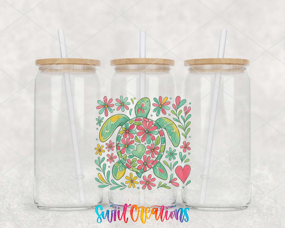 Floral Sea Turtle clear glass tumbler group mockup with bamboo lids and straws