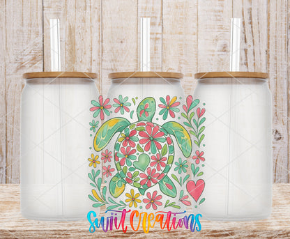 Floral Sea Turtle frosted glass tumbler mockup with bamboo lids and straws