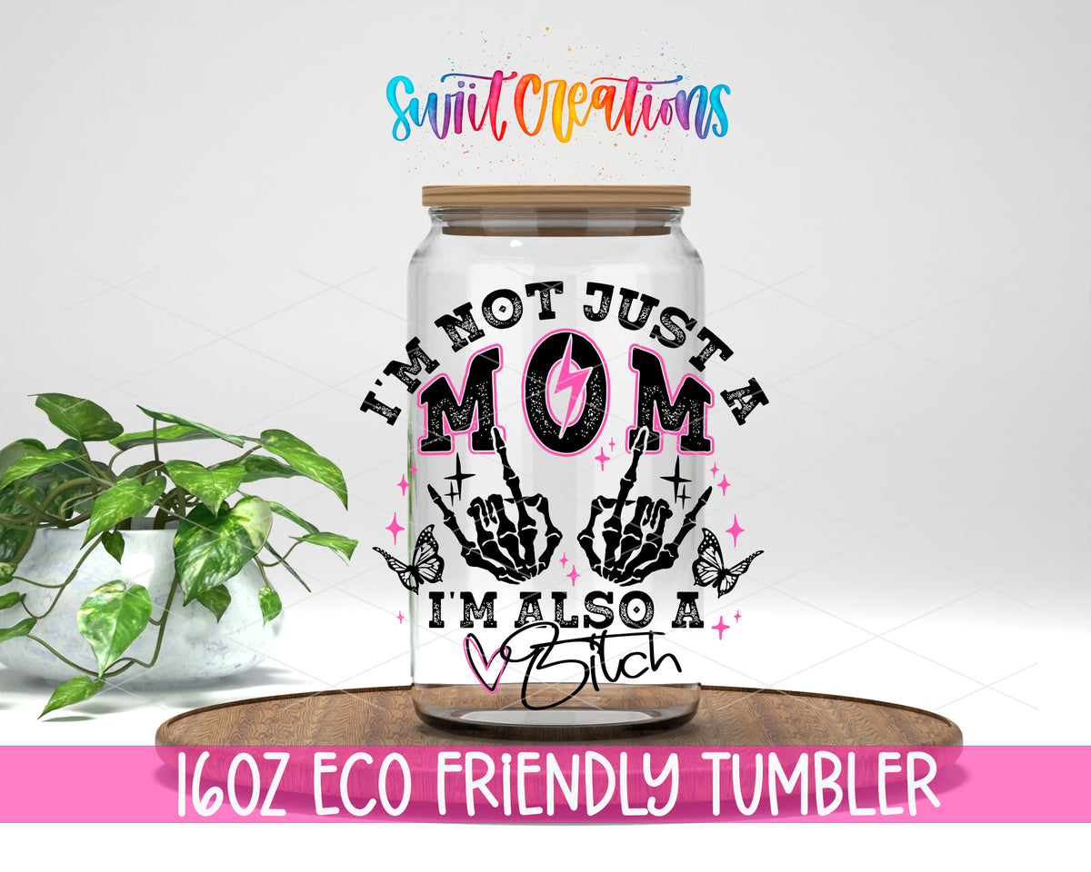 Not Just a Mom design on a 16 oz clear glass tumbler with bamboo lid