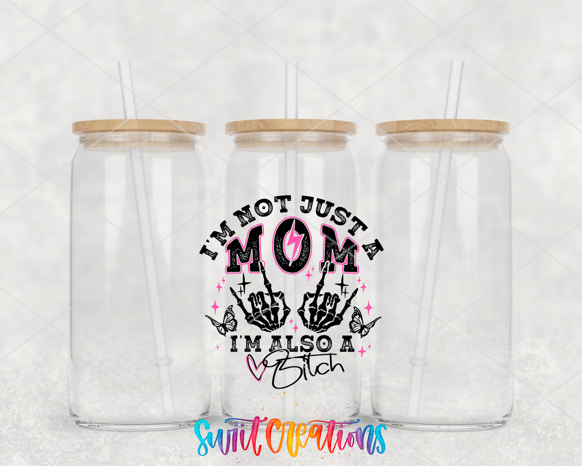 Not Just a Mom clear glass tumbler group mockup with bamboo lids and straws