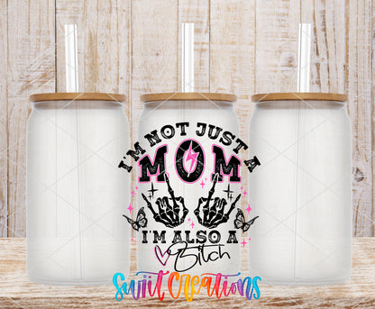 Not Just a Mom frosted glass tumbler mockup with bamboo lids and straws