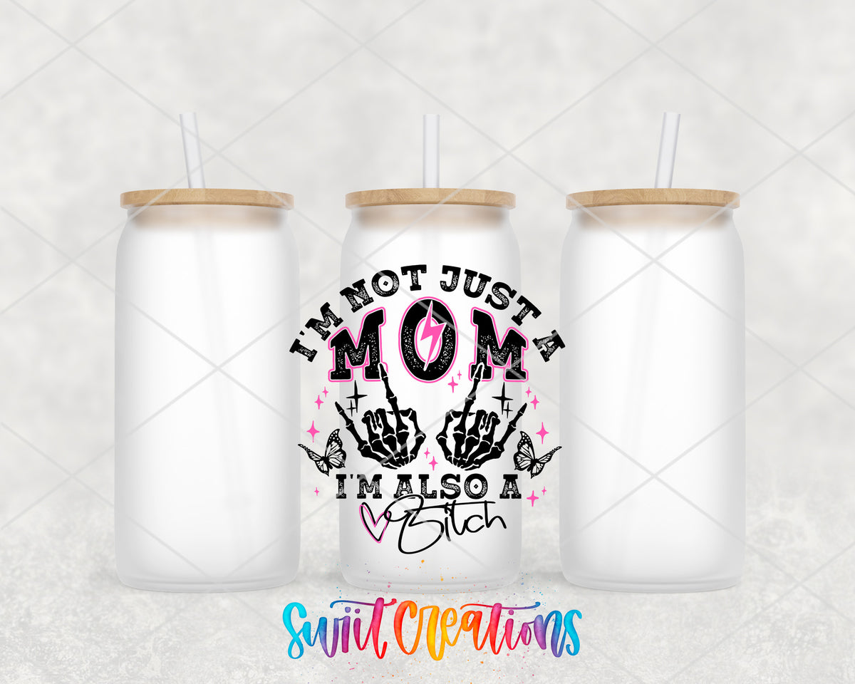 Not Just a Mom frosted glass tumbler group view with lids and straws
