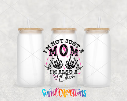 Not Just a Mom frosted glass tumbler group view with lids and straws