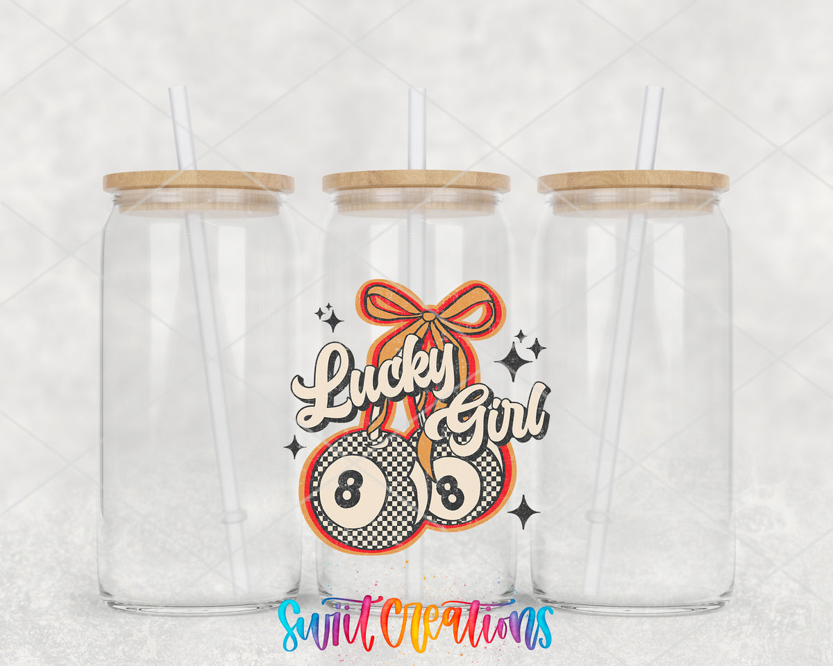 Lucky Girl clear glass tumbler group mockup with bamboo lids and straws
