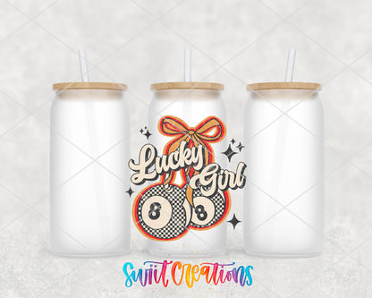 Lucky Girl frosted glass tumbler group view with lids and straws
