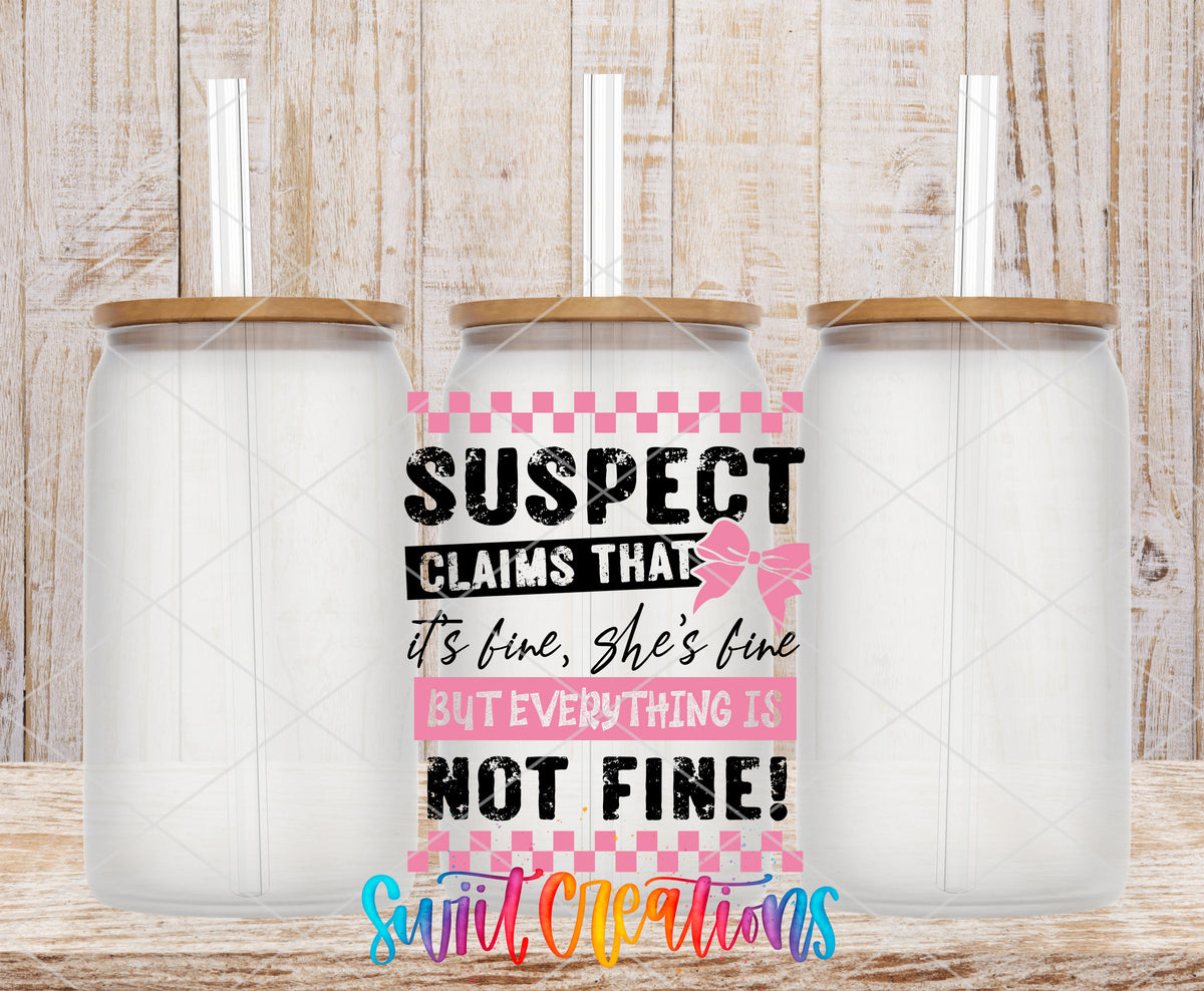 Suspect Is Not Fine frosted glass tumbler mockup with bamboo lids and straws