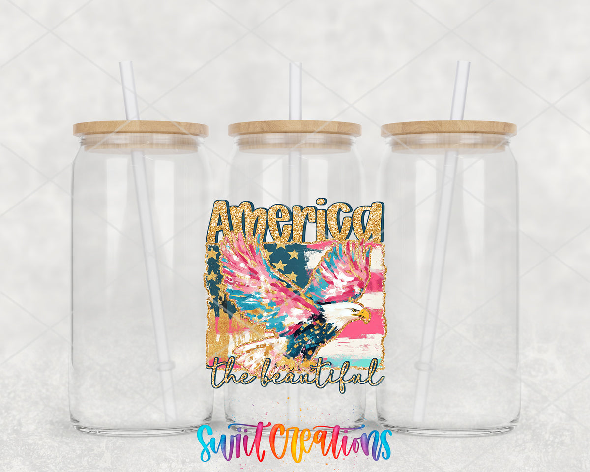 America the Beautiful Eagle clear glass tumbler group mockup with bamboo lids and straws