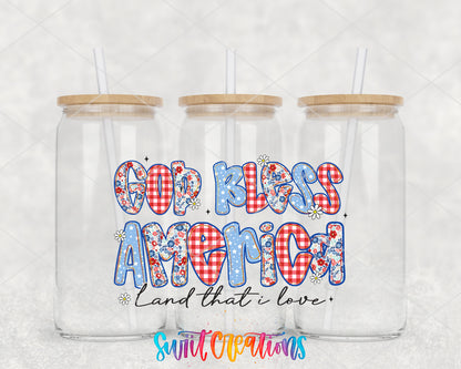 God Bless America clear glass tumbler group mockup with bamboo lids and straws