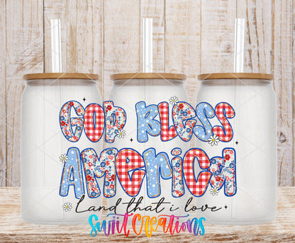 God Bless America frosted glass tumbler mockup with bamboo lids and straws