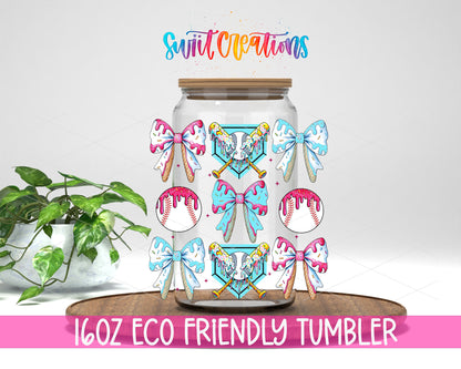 Coquette Baseball design on a 16 oz clear glass tumbler with bamboo lid