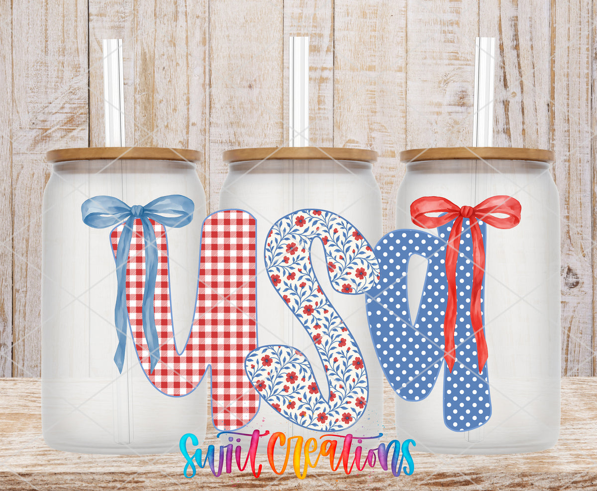 USA Coquette frosted glass tumbler mockup with bamboo lids and straws