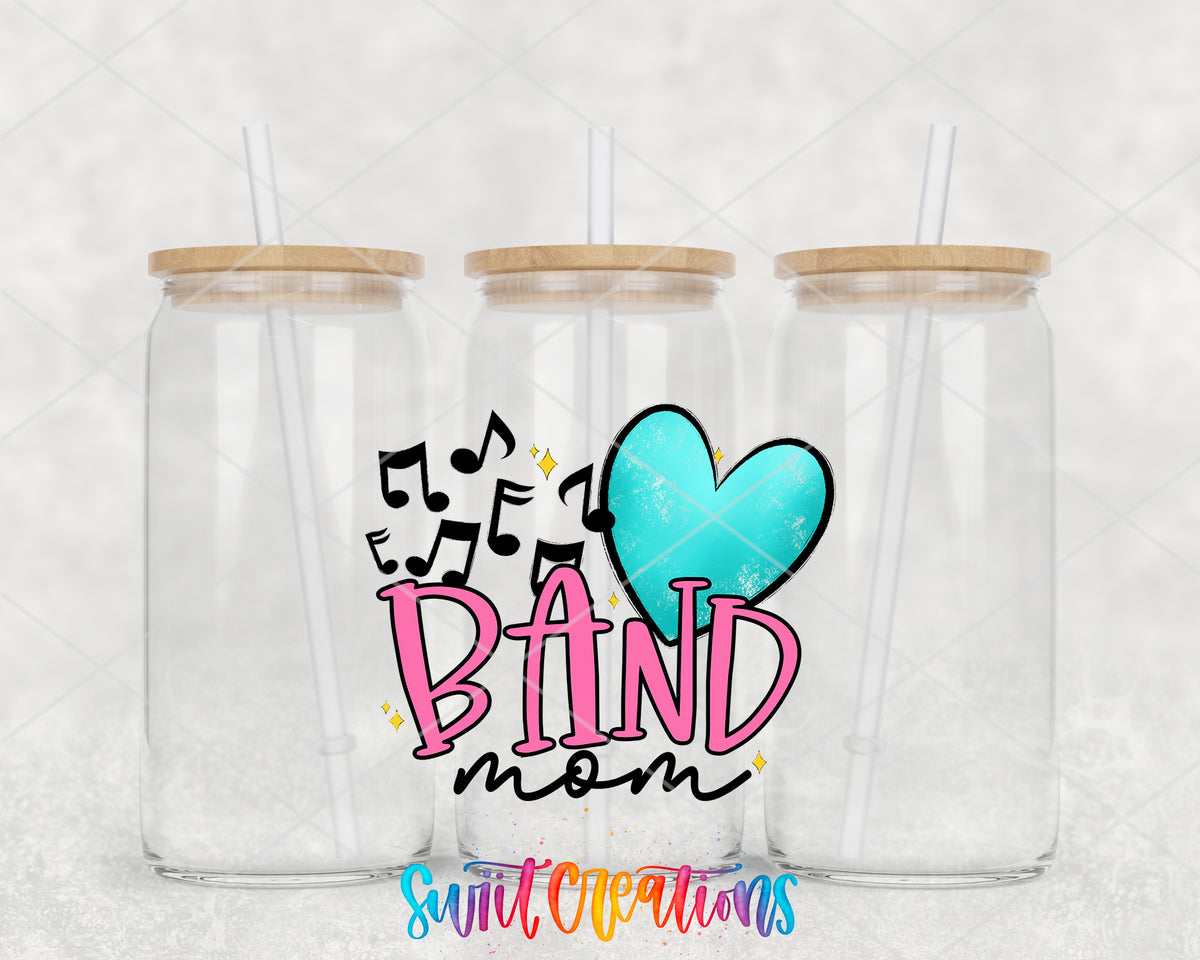 Band Mom clear glass tumbler group mockup with bamboo lids and straws