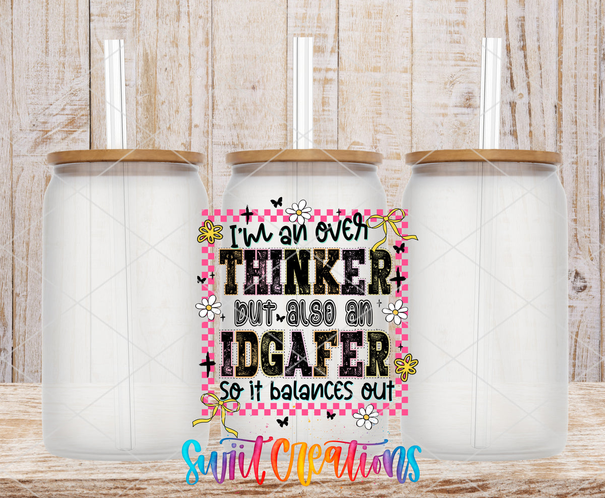 Overthinker and IDGAFer frosted glass tumbler mockup with bamboo lids and straws