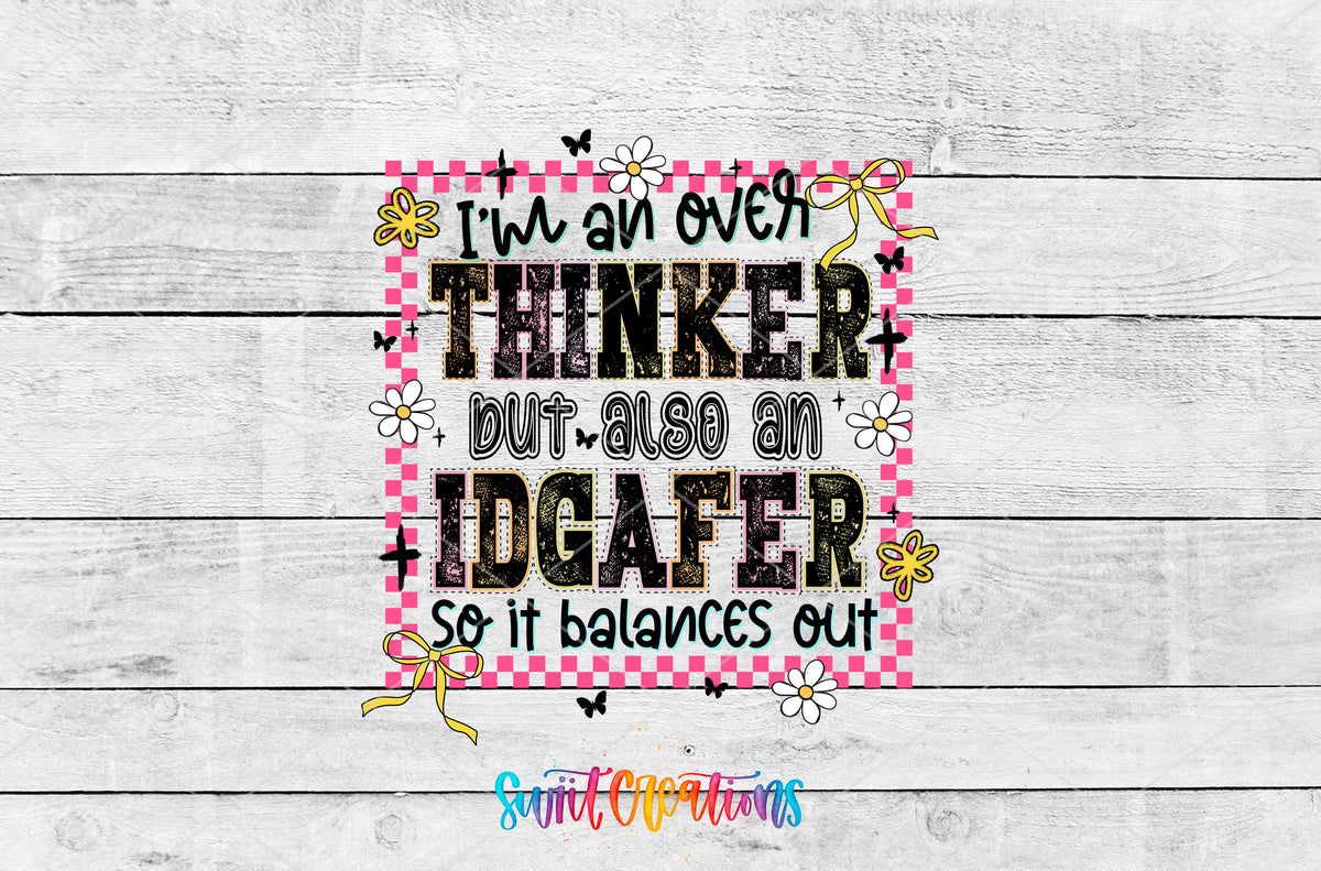 Overthinker and IDGAFer artwork detail for the finished 16 oz tumbler