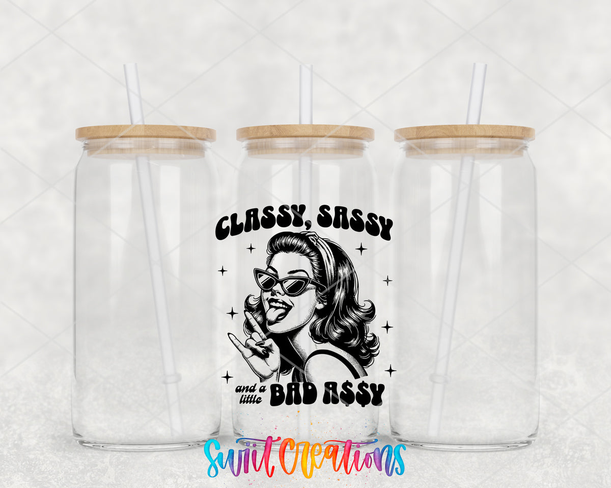 Classy Sassy Bad Assy Black clear glass tumbler group mockup with bamboo lids and straws