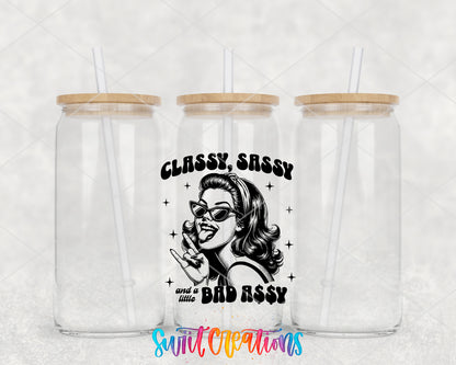 Classy Sassy Bad Assy Black clear glass tumbler group mockup with bamboo lids and straws