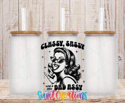 Classy Sassy Bad Assy Black frosted glass tumbler mockup with bamboo lids and straws