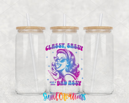 Classy Sassy Bad Assy Color clear glass tumbler group mockup with bamboo lids and straws