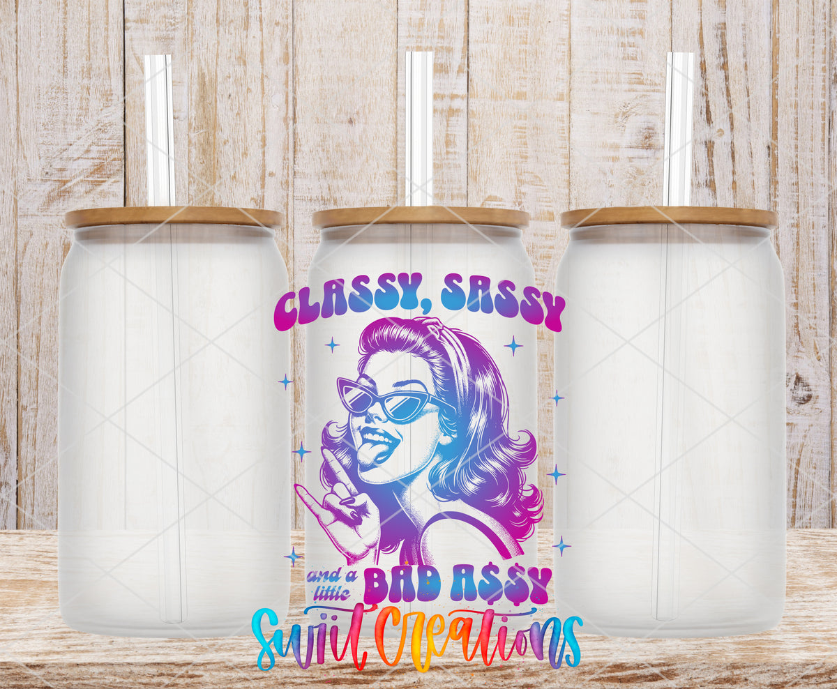 Classy Sassy Bad Assy Color frosted glass tumbler mockup with bamboo lids and straws