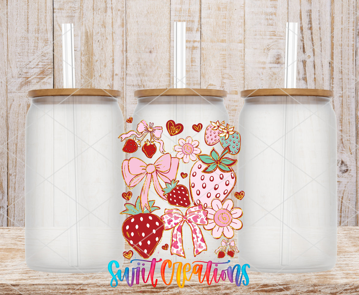 Boho Strawberry Coquette frosted glass tumbler mockup with bamboo lids and straws