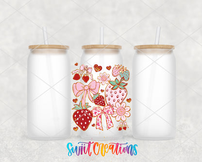 Boho Strawberry Coquette frosted glass tumbler group view with lids and straws