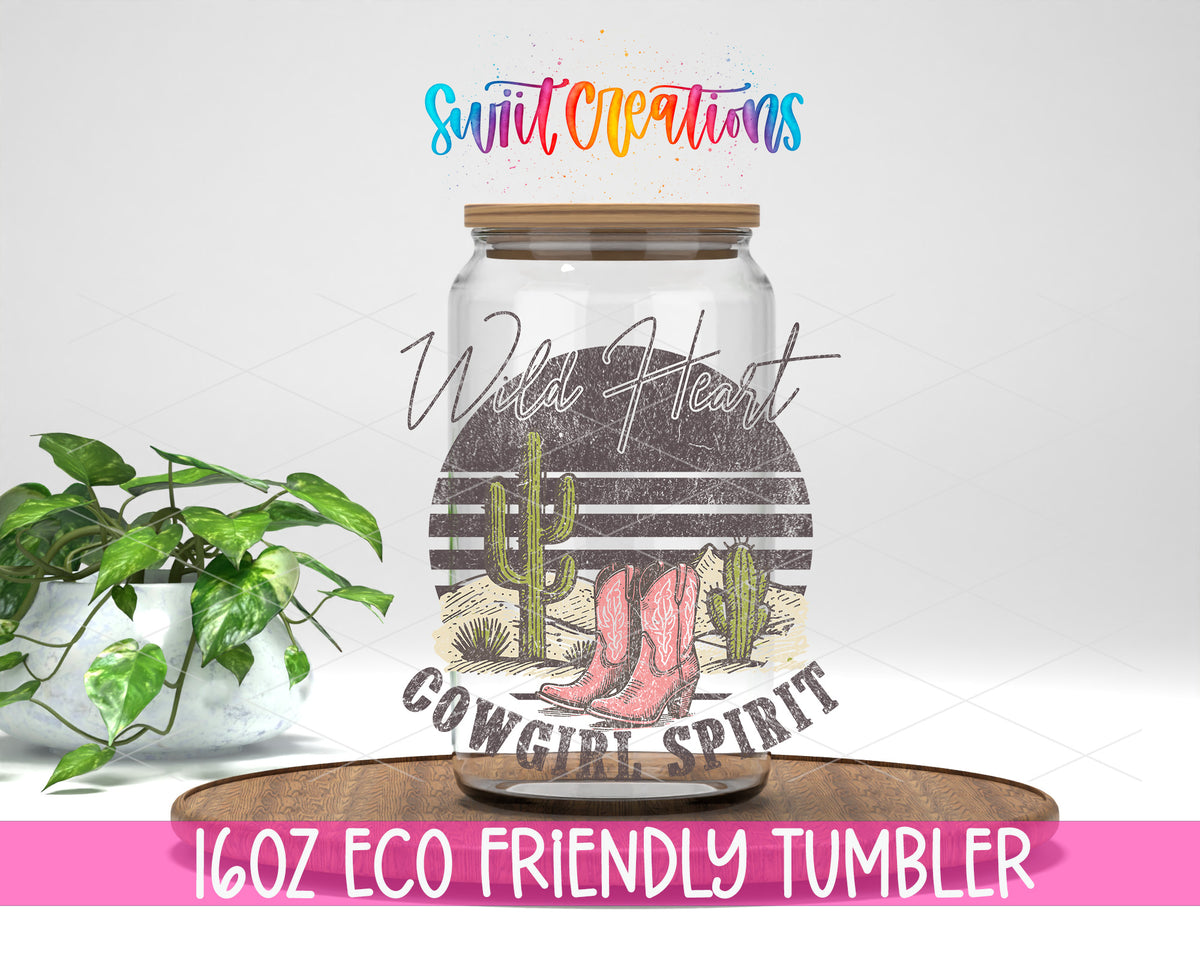 Wild Heart Cowgirl Spirit design on a 16 oz clear glass tumbler with bamboo lid