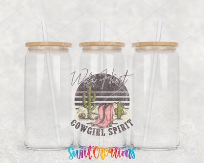 Wild Heart Cowgirl Spirit clear glass tumbler group mockup with bamboo lids and straws