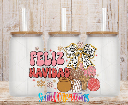 Feliz Navidad Coquette frosted glass tumbler mockup with bamboo lids and straws