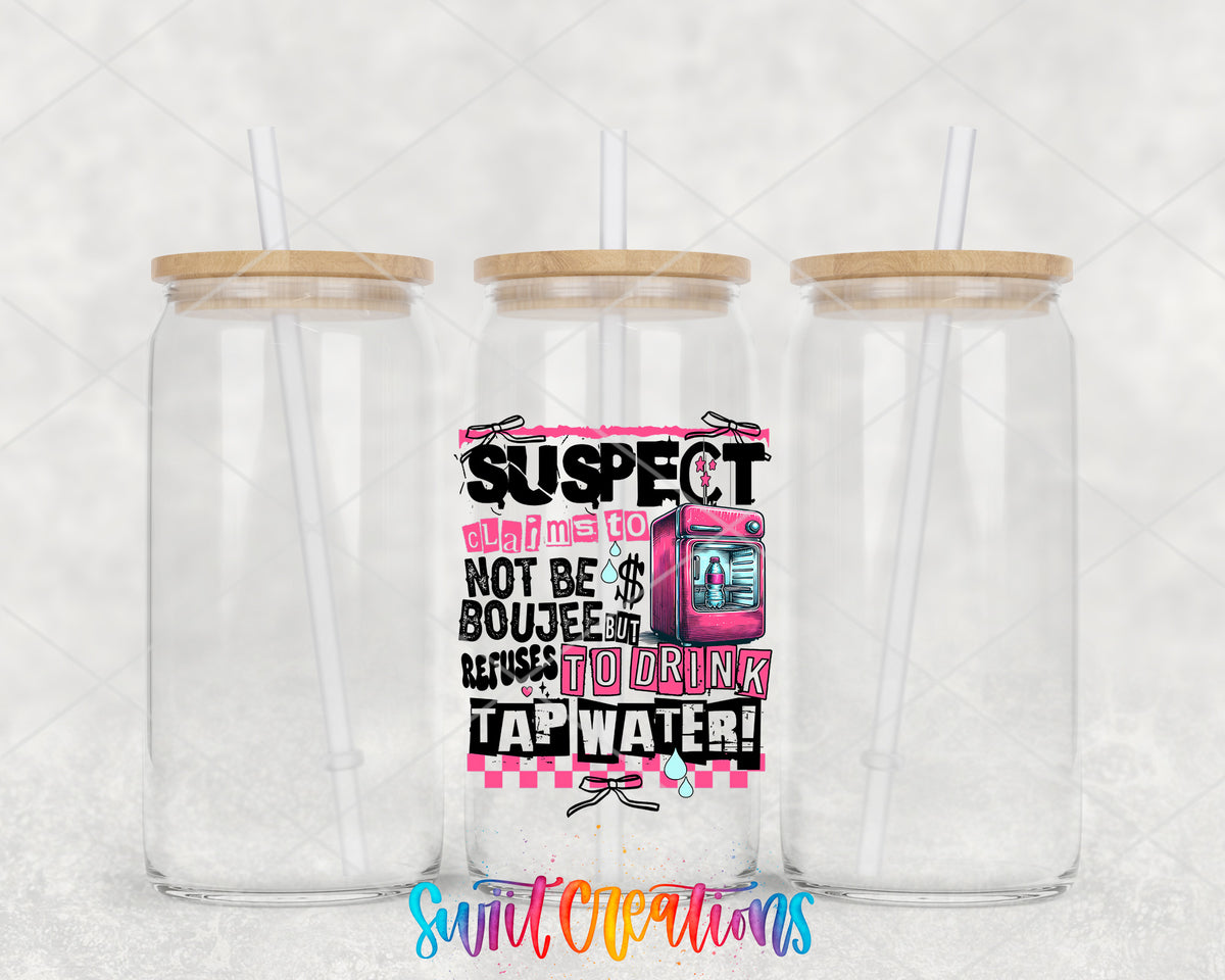 Suspect Refuses Tap Water clear glass tumbler group mockup with bamboo lids and straws