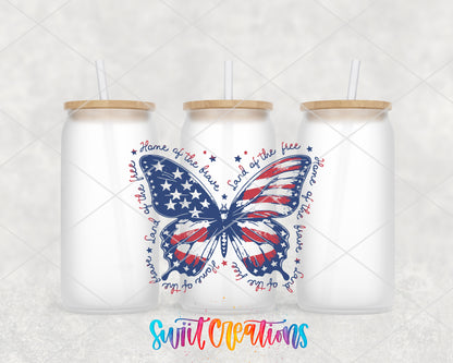 Patriotic Butterfly frosted glass tumbler group view with lids and straws