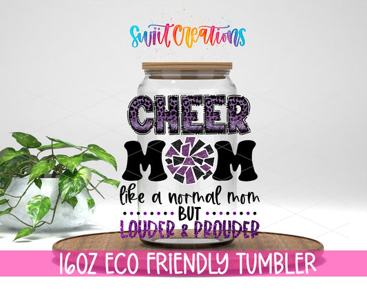 Purple Cheer Mom design on a 16 oz clear glass tumbler with bamboo lid