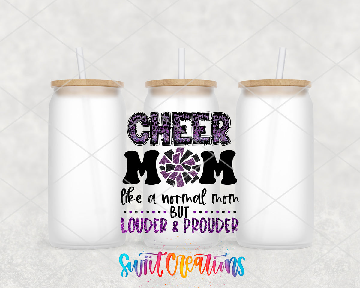Purple Cheer Mom frosted glass tumbler group view with lids and straws