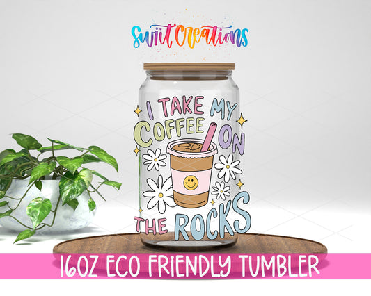 Coffee on the Rocks design on a 16 oz clear glass tumbler with bamboo lid
