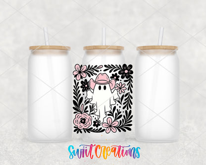 Pink Cowboy Ghost frosted glass tumbler group view with lids and straws