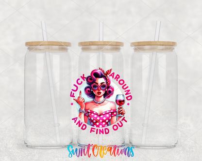 Fuck Around and Find Out clear glass tumbler group mockup with bamboo lids and straws