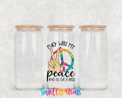 Do Not Fuck With My Peace clear glass tumbler group mockup with bamboo lids and straws