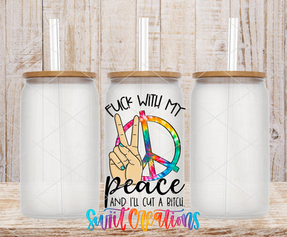 Do Not Fuck With My Peace frosted glass tumbler mockup with bamboo lids and straws
