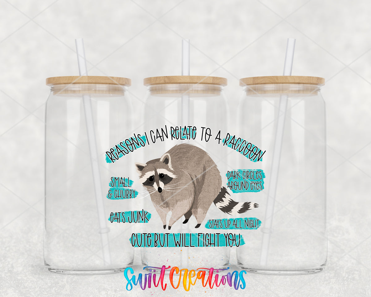 Reasons I Relate to a Raccoon clear glass tumbler group mockup with bamboo lids and straws