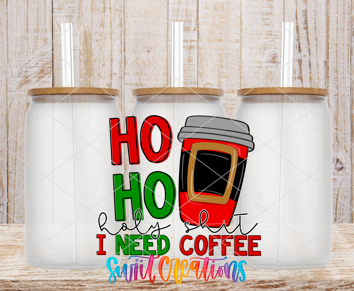 Ho Ho Holy Shit frosted glass tumbler mockup with bamboo lids and straws