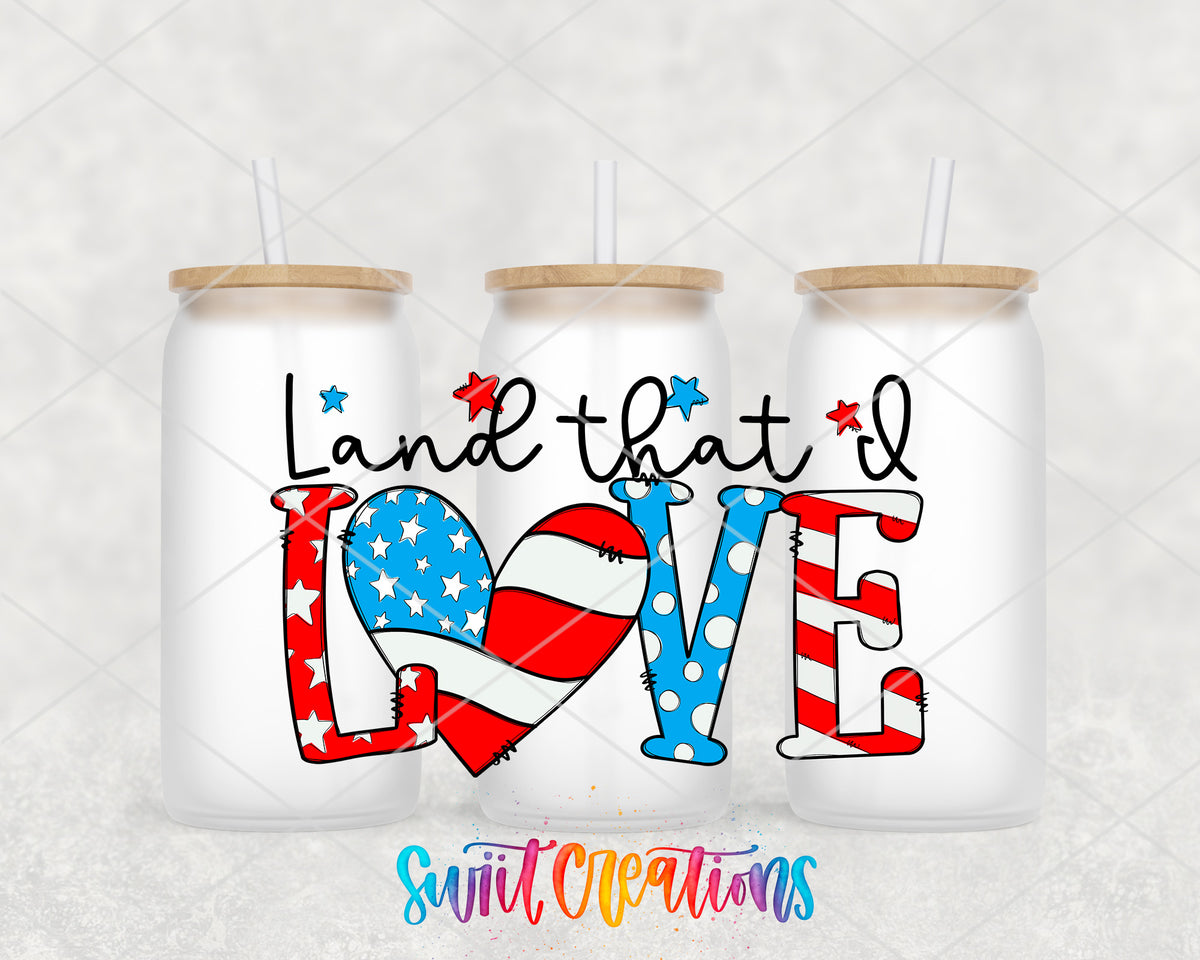 Land That I Love frosted glass tumbler group view with lids and straws