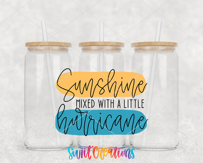 Sunshine Mixed With a Little Hurricane clear glass tumbler group mockup with bamboo lids and straws